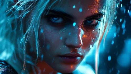 Electric blue gaze cuts through neon rainstorm darkness.