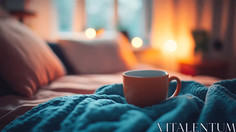 Warm ceramic mug on cozy bed with soft evening bokeh.