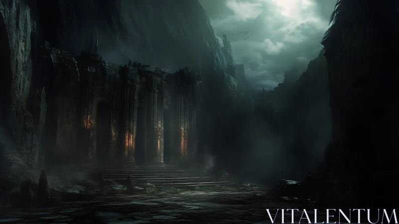 Dark cliffside temple ruins under storm-laden sky, concept art.