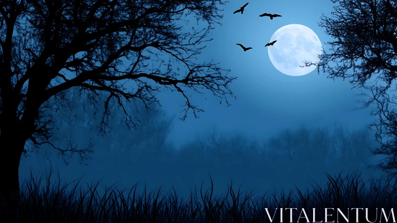 Midnight moonrise over a misty forest and quiet meadow.