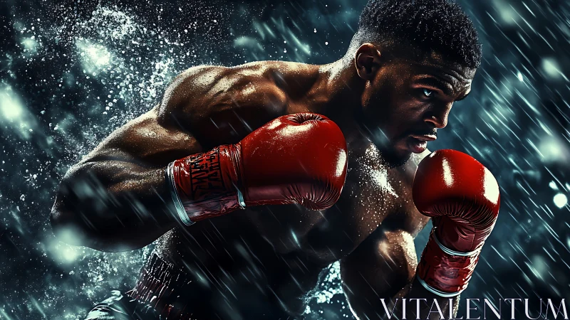 Powerful Boxer in Red Gloves Executing Dynamic Punch Motion.