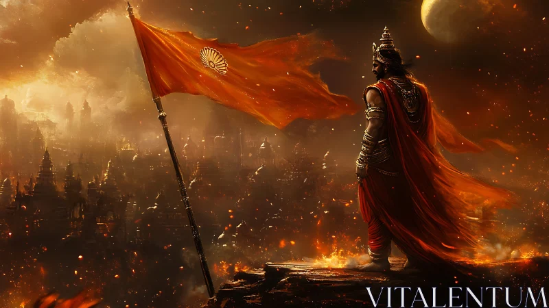 Ember-crowned warrior salutes a storm of burning city lights.