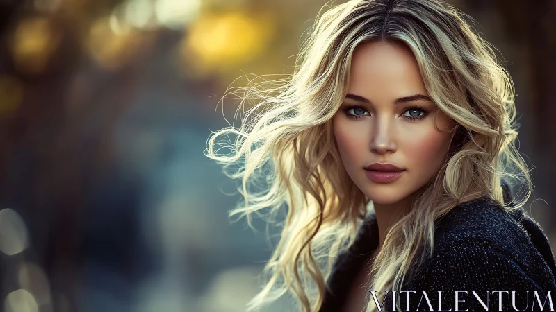 Golden dusk curls frame a poised gaze in soft-focus calm