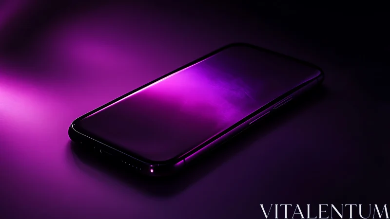 Sleek smartphone on dark surface under vivid purple light.