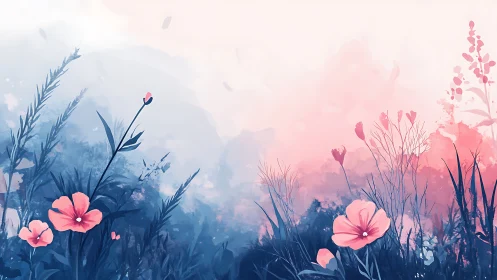 Ethereal Floral Gradient: Digital Botanical Landscape with Watercolor Sensibility.