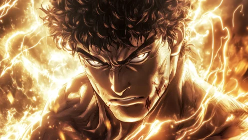 Incandescent anime warrior in high-energy luminance field.