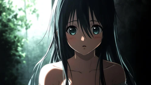 Anime girl portrait in dim interior with soft side light.