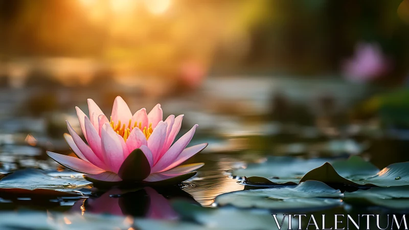 Gentle pink water lily opens quietly in golden evening light