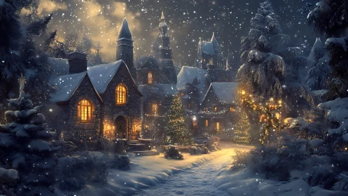 Snowy village lights and cozy cottages on a winter night.