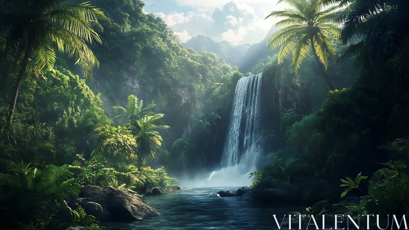 Tropical waterfall in dense rainforest valley under daylight.