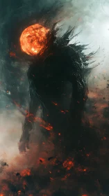 Molten-headed cosmic titan strides through swirling embers