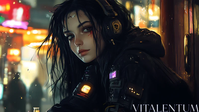Neon night drifts around a thoughtful cyberpunk girl resting