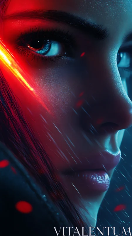 Cybernetic portrait close-up with neon red-blue rim lighting