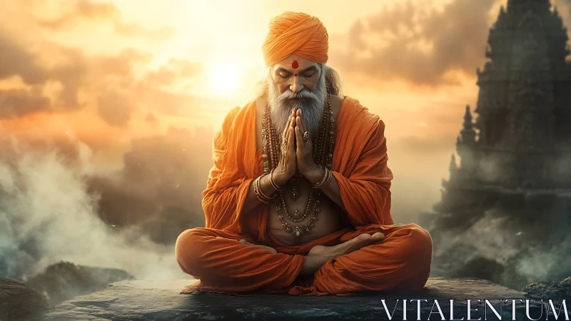 Sunlit yogi in orange robes meditating before misty temple.