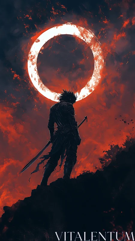 Lone warrior framed by a blazing red eclipse sky.