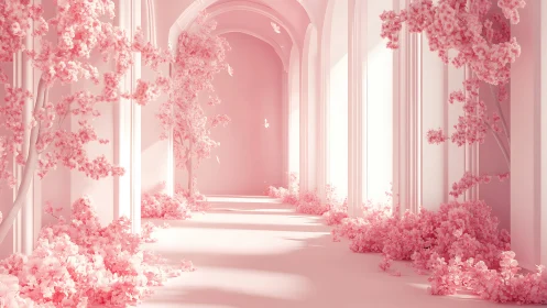 Monochrome pink corridor filled with lush flowering trees.