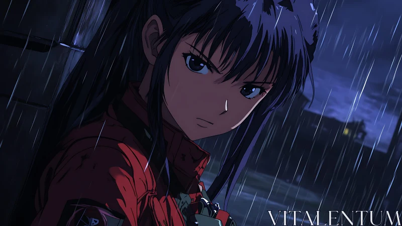 Stoic anime heroine under neon rain with cinematic lighting.
