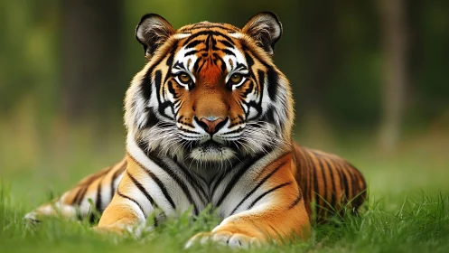 Calm tiger rests in soft green grass with watchful golden eyes