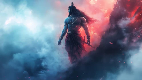 Mythic warrior silhouette in bicolored atmospheric cloudscape