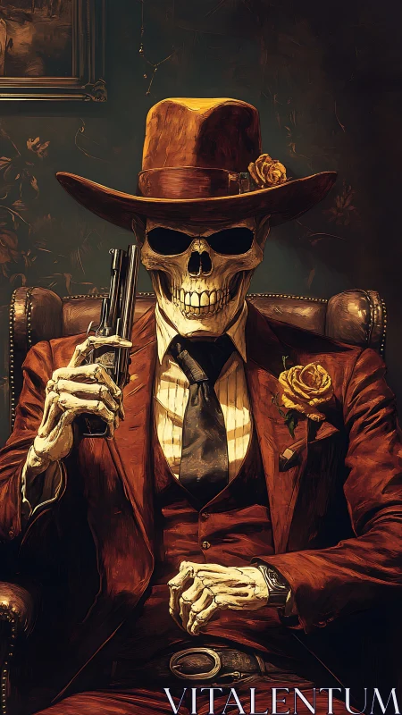 Dapper skeleton gunslinger sits armed in dim vintage study