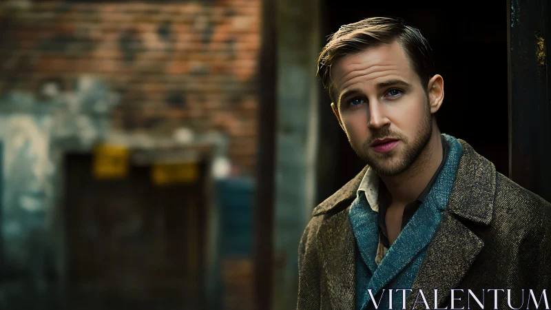 Moody portrait man in vintage coat near brick alleyway.