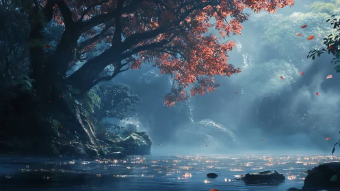 Radiant red canopy above misted riverine forest basin.