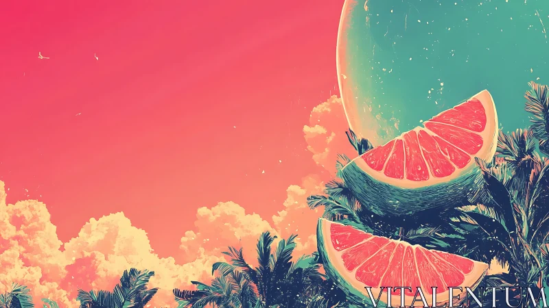 Citrus moonrise over neon palms and sherbet skies.