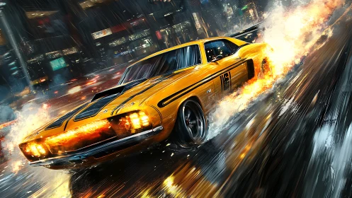 Midnight streets ignite as a blazing muscle car charges on.