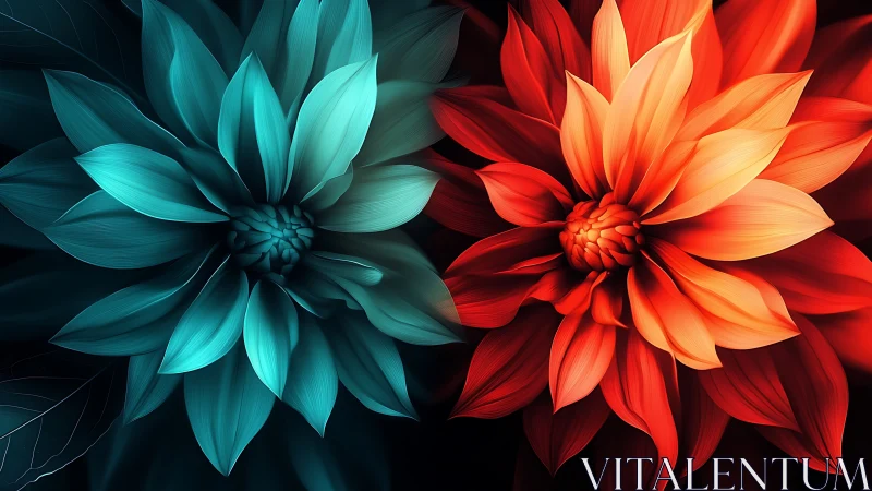 Two contrasting digital flowers display teal and red petals