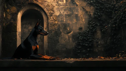 Doberman rests on stone ledge beside weathered archway at dusk