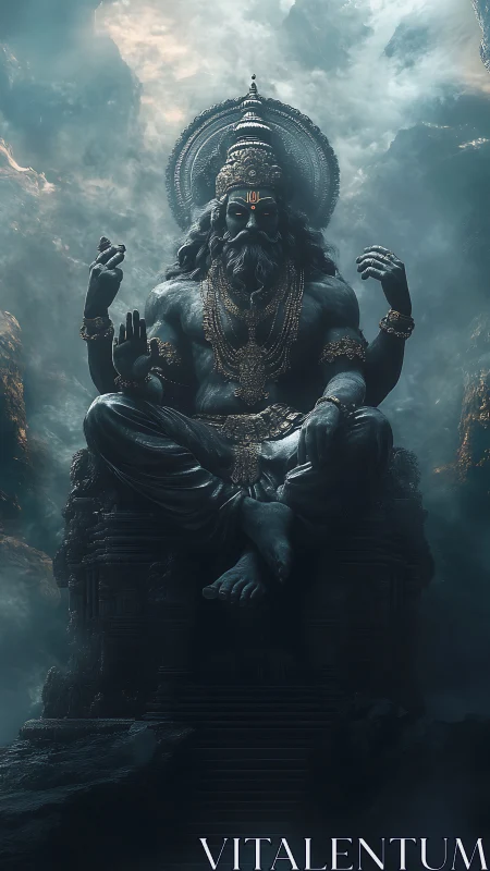 Majestic seated deity radiates calm power in misty heights