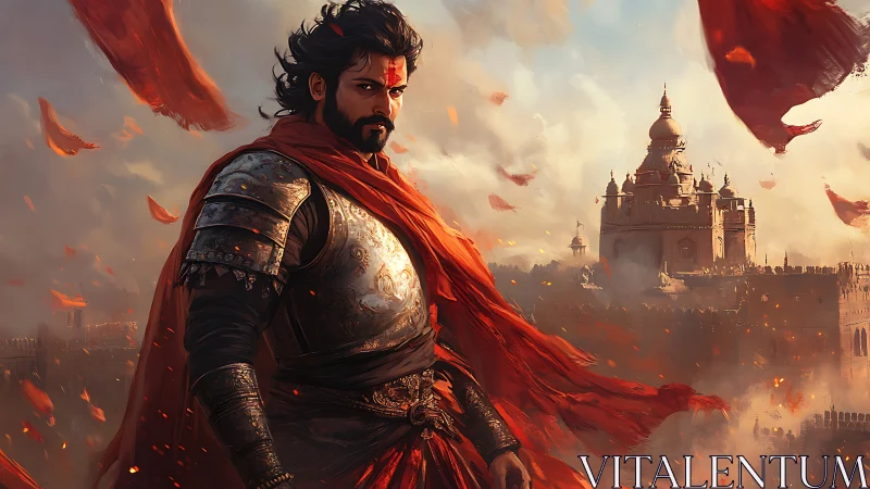 Armored warrior stands before fortified palace in red storm