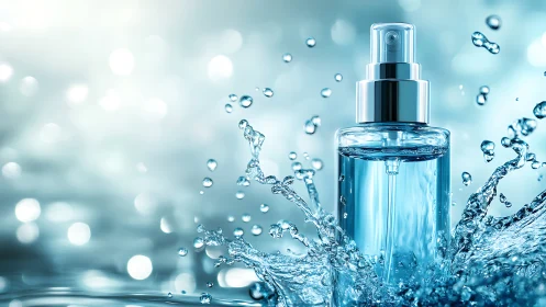 Glass spray bottle with dynamic aqua splash illumination.