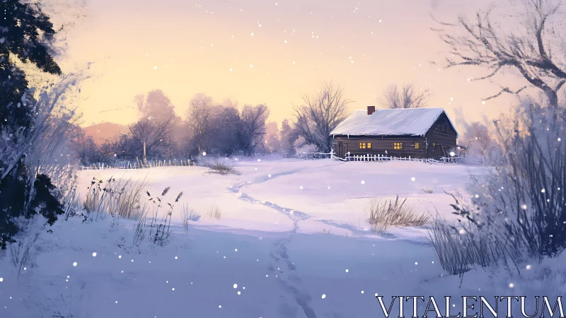 Cozy winter cabin glowing under a quiet pastel snowfall.
