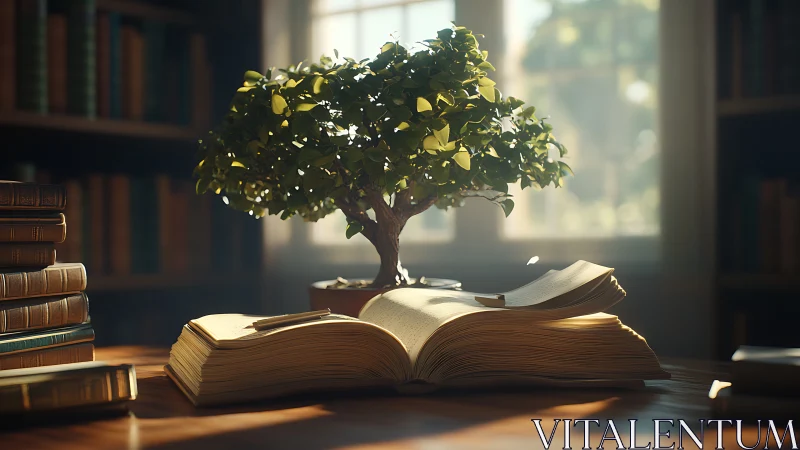 Sunlit bonsai grows above open book on wooden library desk