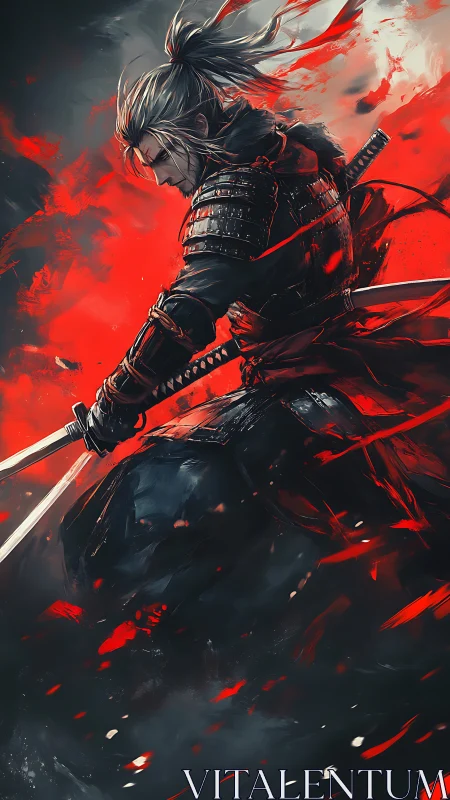 Kinetic dual-blade ronin in red-saturated digital turbulence.