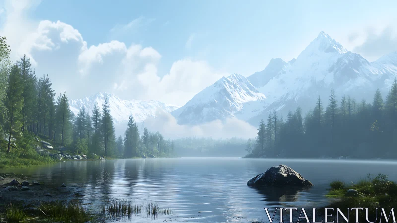 Snowy mountains and calm forest lake welcome quiet daydreams