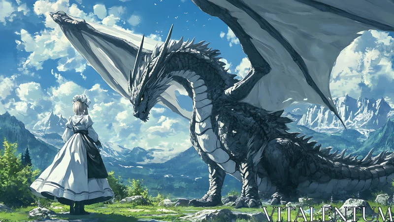 Maid and silver dragon stand amid panoramic alpine landscape