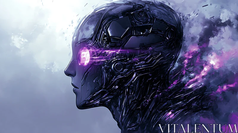 Cybernetic humanoid head emits vivid purple energy beam