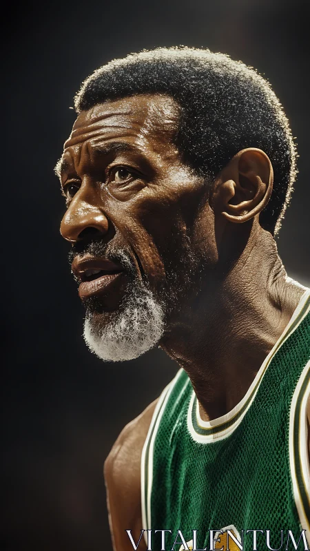 Hyperreal sidelit portrait of veteran basketball player in motion.