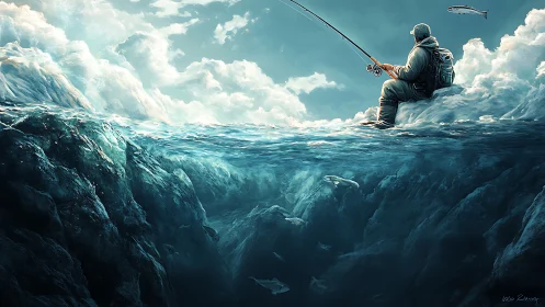 Solitary ice fisherman overlooks vast underwater chasm