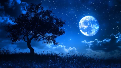 Moonlit tree and sparkling night sky wrapped in deep blue.
