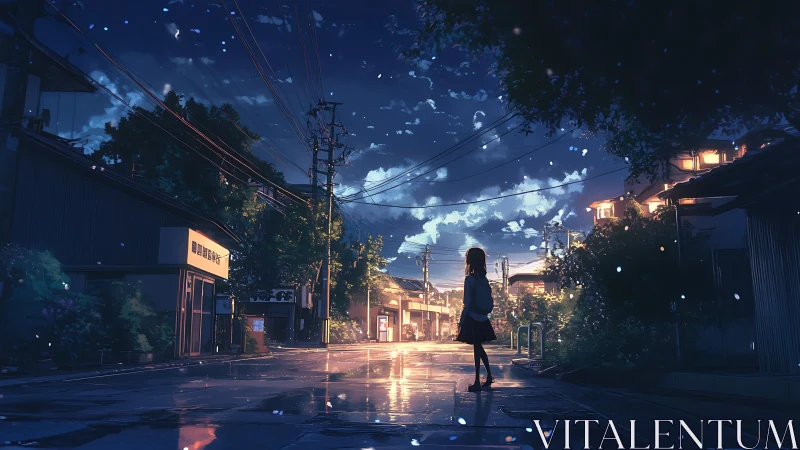 Anime twilight street scene with reflective wet pavement focus.