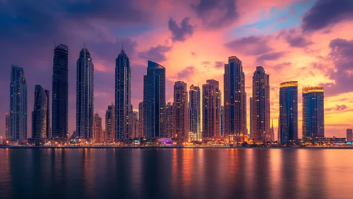 High-rise coastal skyline under chromatic twilight illumination.