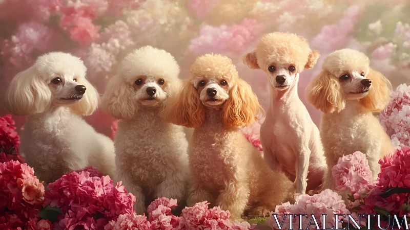 Five toy poodles pose amid dense pink florals in soft light