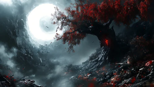 Ancient red tree overlooking bright circular sky portal.