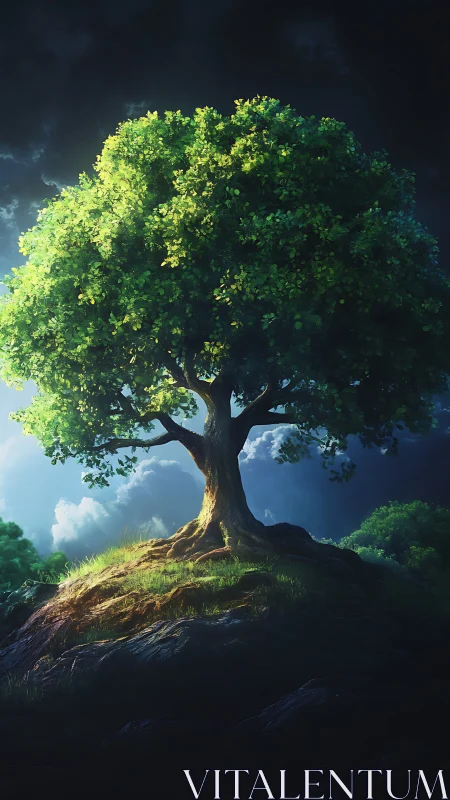 Solitary tree stands on rocky hill under contrasted sky
