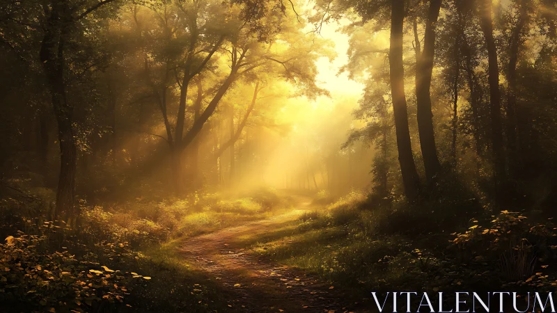 Golden Threshold: Sacred Forest Path Illuminated by Radiant Sunlight.