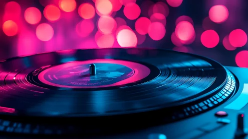 Vinyl record spins under neon bokeh club lights.
