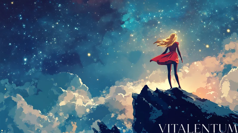 Girl in red dress stands on cliff under luminous night sky
